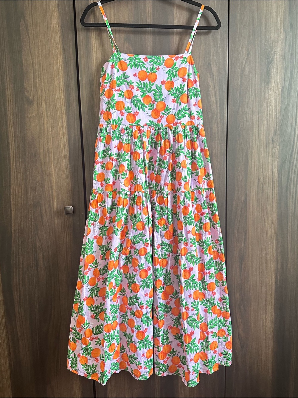 NWOT J. Crew Sleeveless Orange Midi Dress with Lavender color background